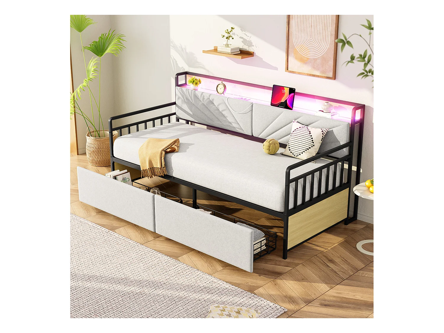 Sofá cama de 90 x 200 cm con iluminación LED, toma de corriente y 2 cajones, estructura de hierro, color beige.