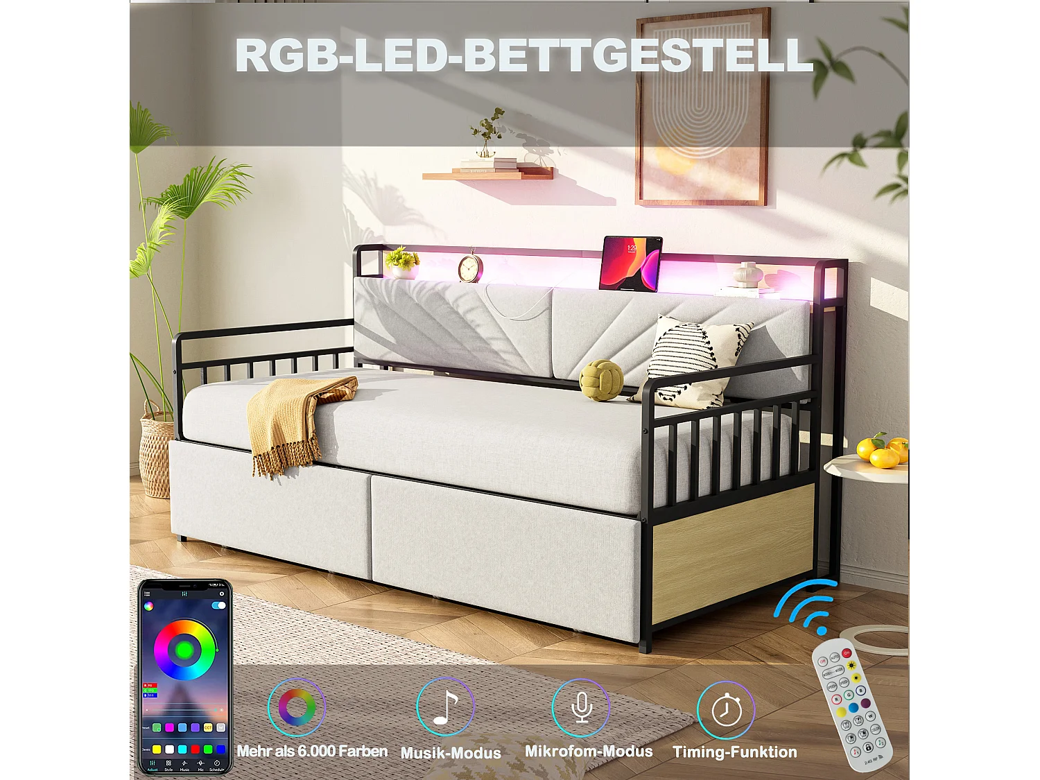 Sofá-cama 90x200 cm com iluminação LED, tomada de carregamento e 2 gavetas de armazenamento, estrutura de ferro, bege