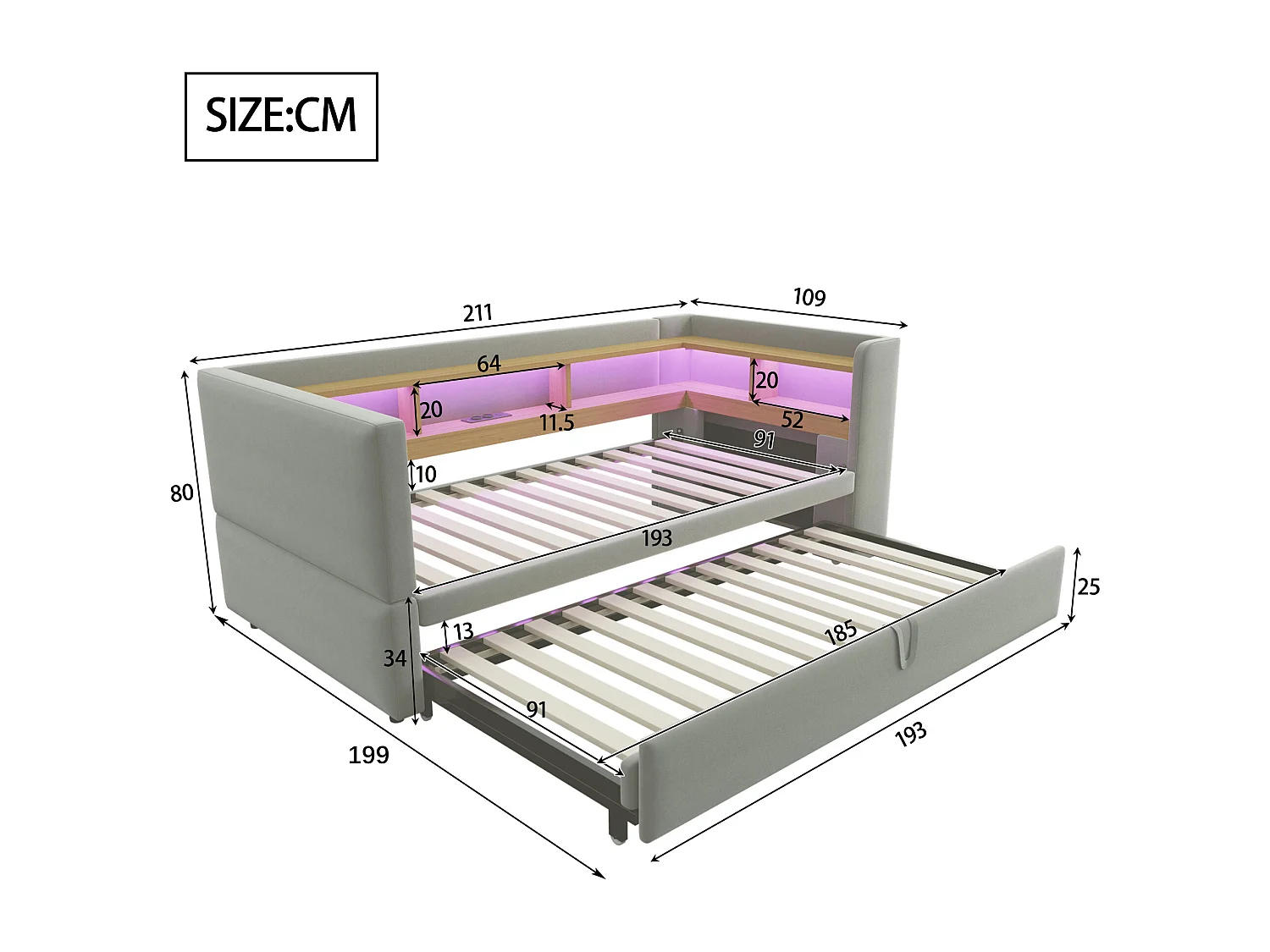 Sofá cama convertible de 2 plazas, 180 x 190 cm, con LED y USB, tapizado y almacenaje, color gris