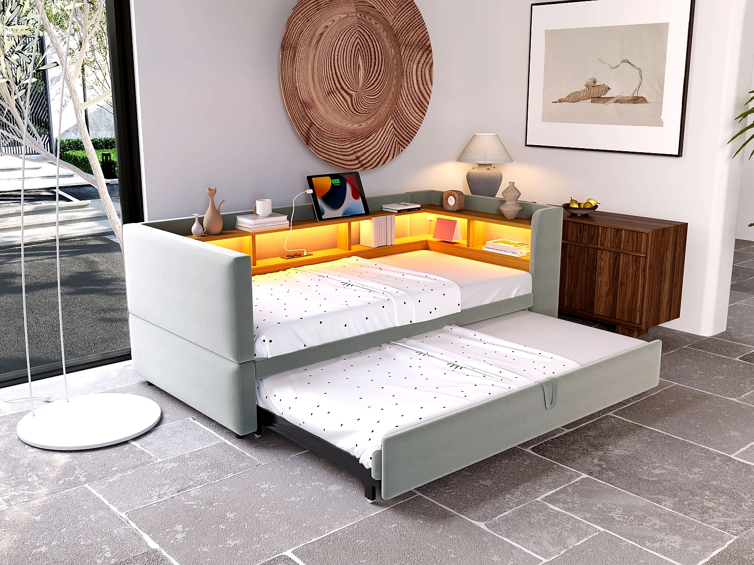 Sofá cama convertible de 2 plazas, 180 x 190 cm, con LED y USB, tapizado y almacenaje, color gris