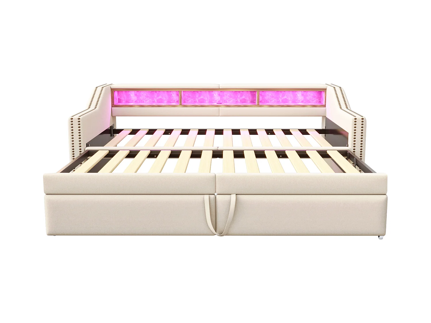 Canapé-lit extensible 90/180 x 200 cm, lumière LED et prise USB, avec sommier à lattes, beige