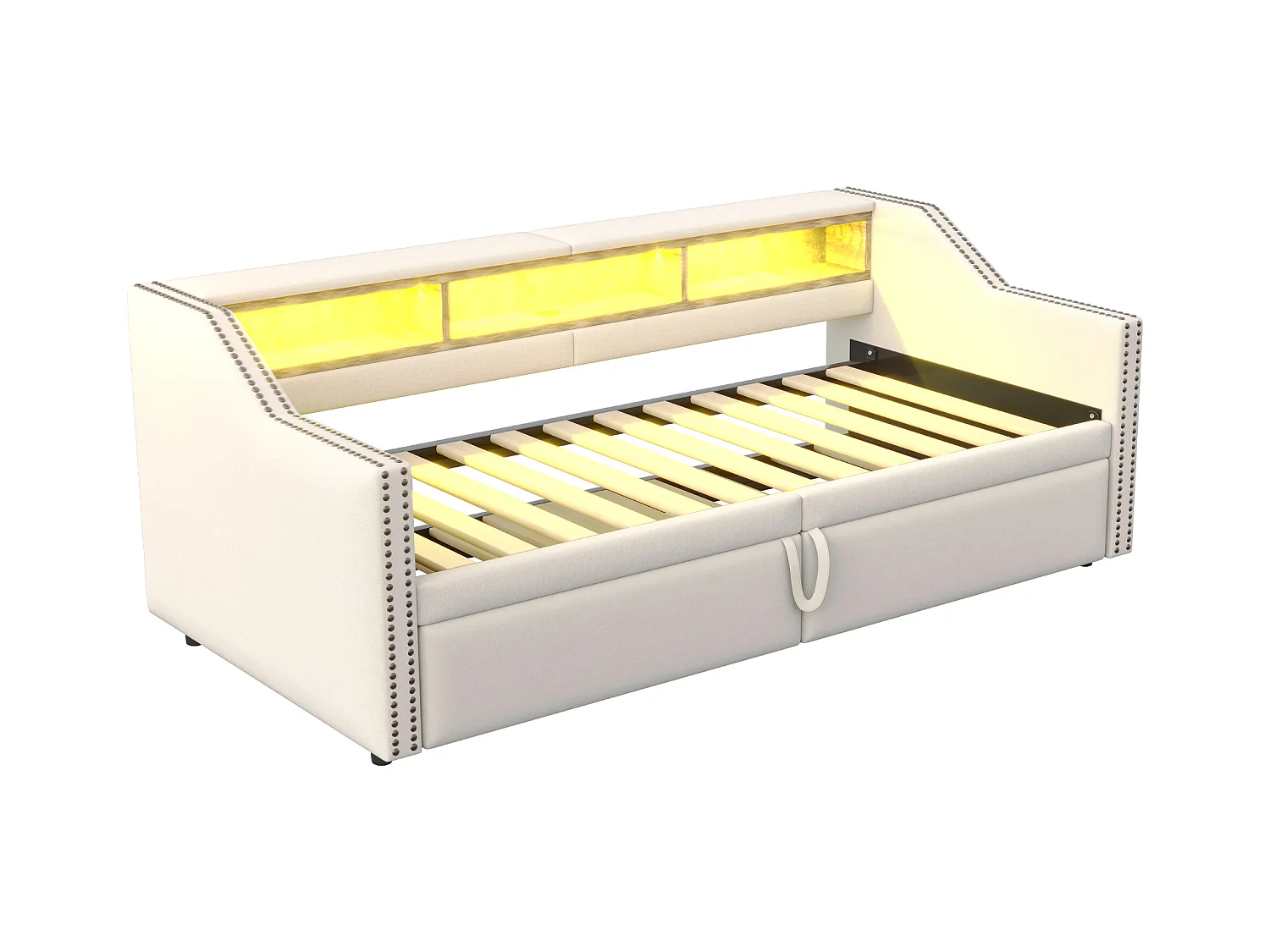 Canapé-lit extensible 90/180 x 200 cm, lumière LED et prise USB, avec sommier à lattes, beige