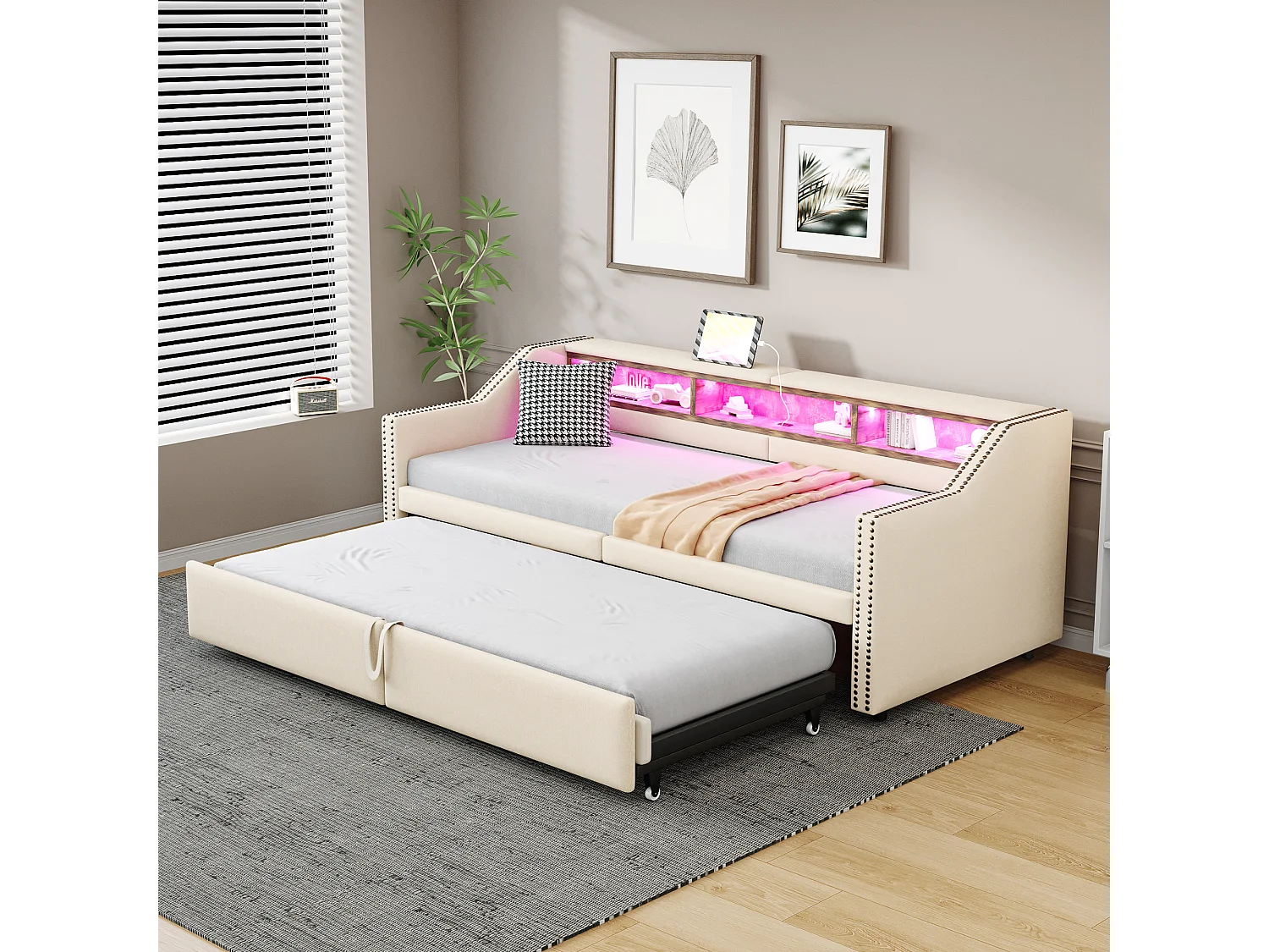 Uitschuifbare slaapbank 90/180 x 200 cm, LED-verlichting en USB-poort, met lattenbodem, beige