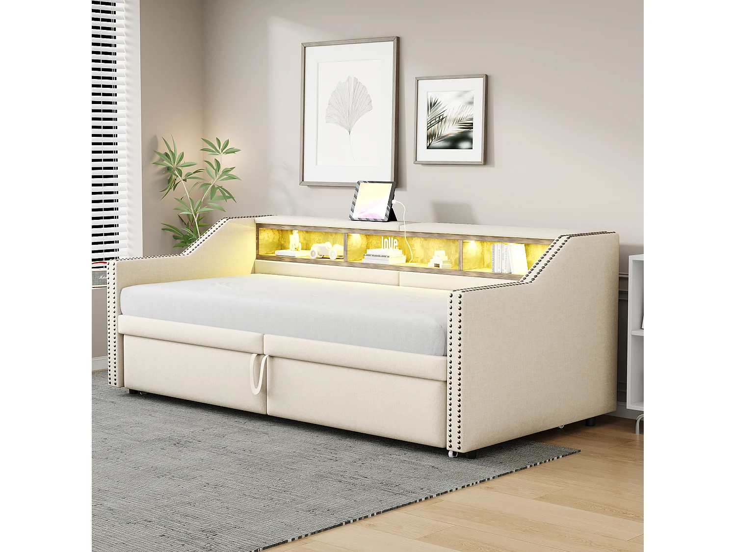 Uitschuifbare slaapbank 90/180 x 200 cm, LED-verlichting en USB-poort, met lattenbodem, beige