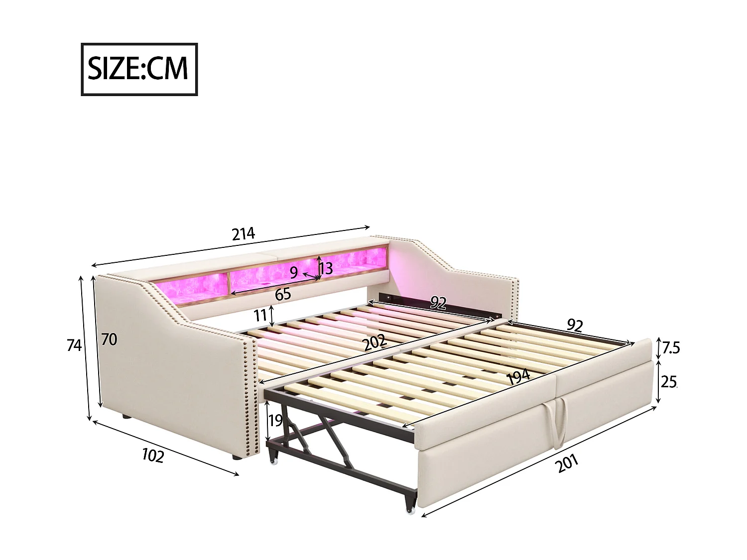 Uitschuifbare slaapbank 90/180 x 200 cm, LED-verlichting en USB-poort, met lattenbodem, beige