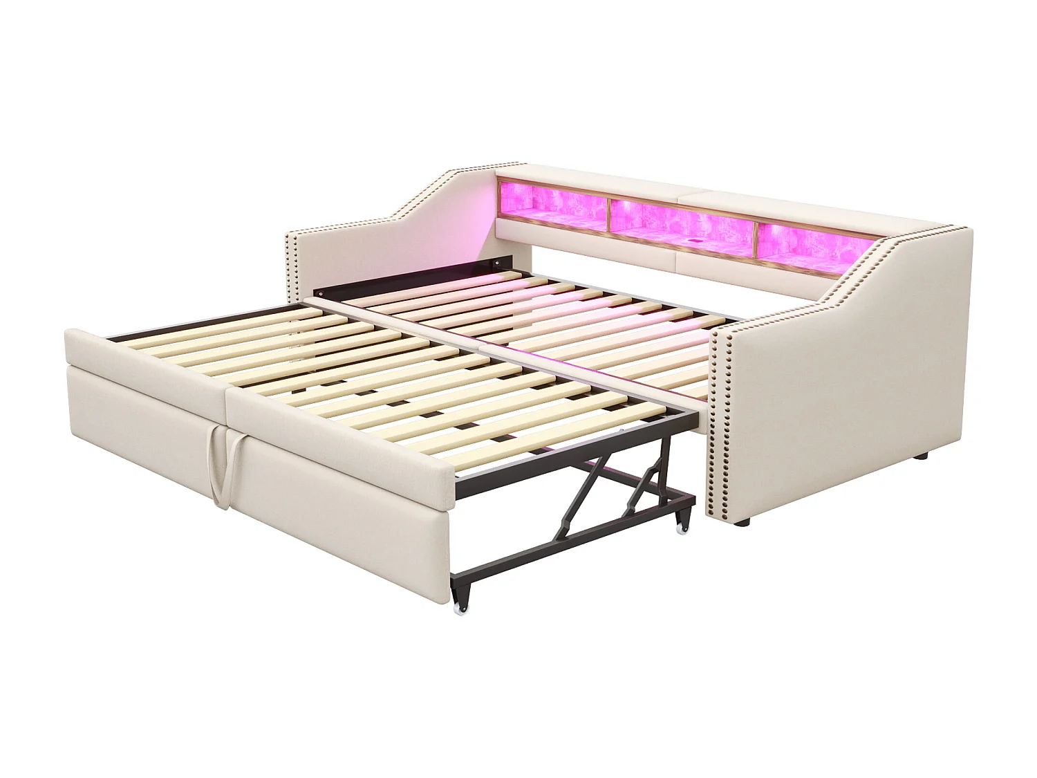 Uitschuifbare slaapbank 90/180 x 200 cm, LED-verlichting en USB-poort, met lattenbodem, beige