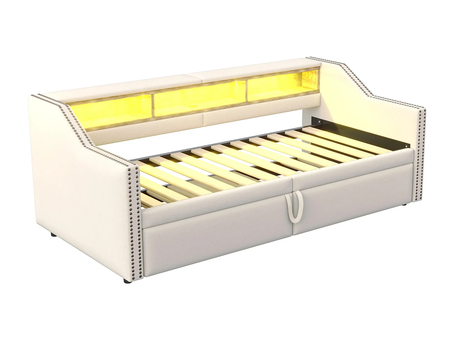 Uitschuifbare slaapbank 90/180 x 200 cm, LED-verlichting en USB-poort, met lattenbodem, beige