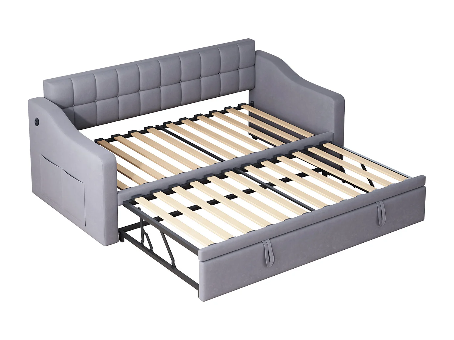 Sofá-cama conversível de 2 lugares com armazenamento e tomada, 90/180x190 cm, cama com cama de rodízio, cinza