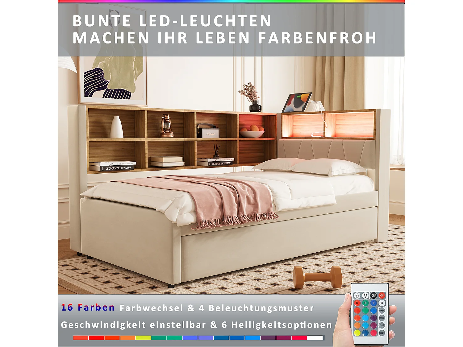 Canapé-lit 90 x 200 cm, avce LED, de prises et de nombreux compartiments de rangement , Beige