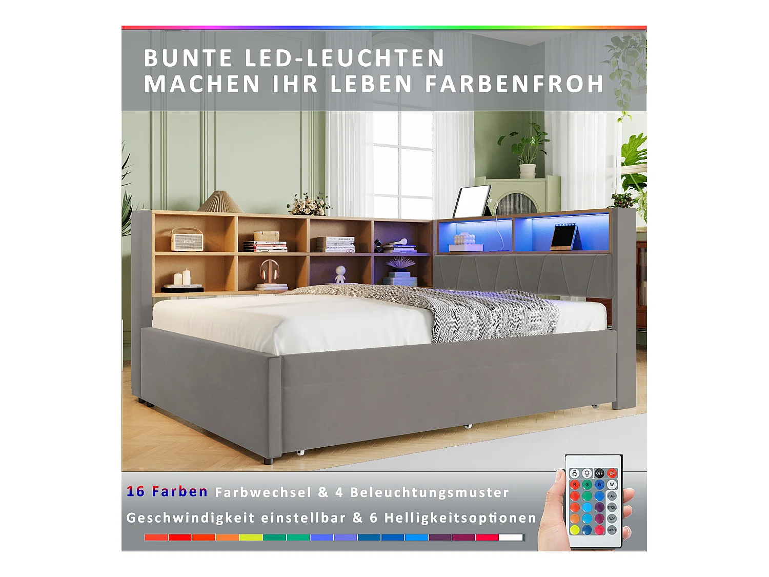 Canapé-lit 140 x 200 cm, avce LED, de prises et de nombreux compartiments de rangement , Gris foncé