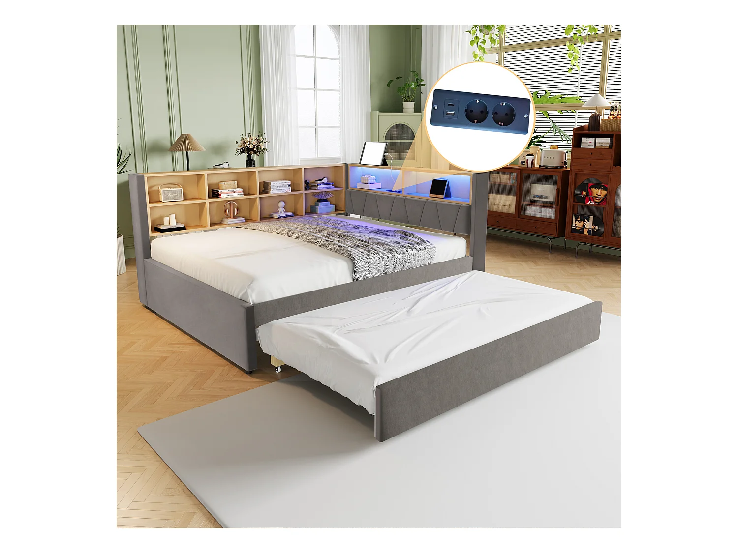 Canapé-lit 140 x 200 cm, avce LED, de prises et de nombreux compartiments de rangement , Gris foncé