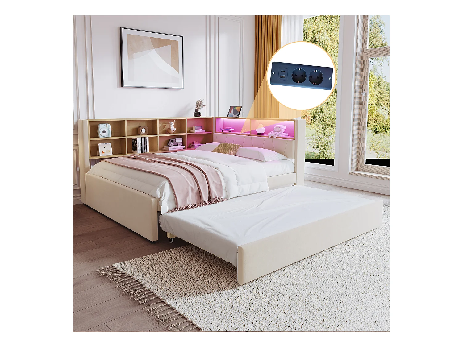 Canapé-lit 140 x 200 cm, avce LED, de prises et de nombreux compartiments de rangement , Beige