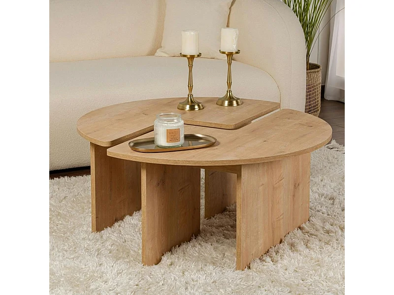 Table basse ronde effet bois de chêne - design puzzle MARFA