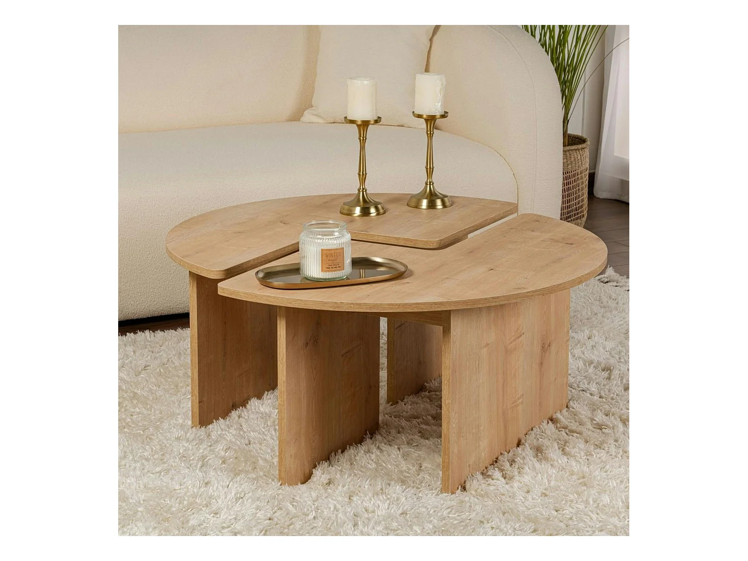 Table basse ronde effet bois de chêne - design puzzle MARFA
