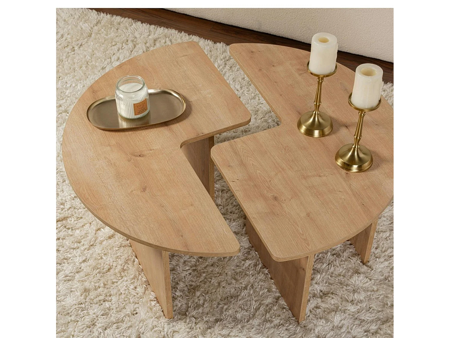 Table basse ronde effet bois de chêne - design puzzle MARFA