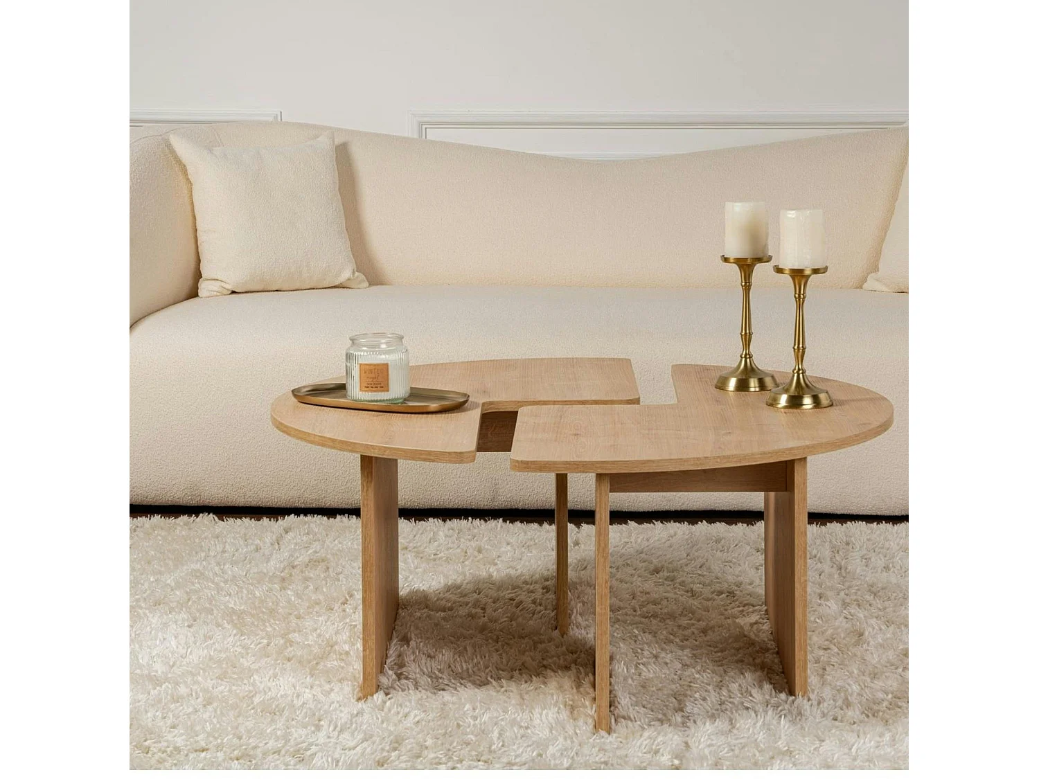 Table basse ronde effet bois de chêne - design puzzle MARFA