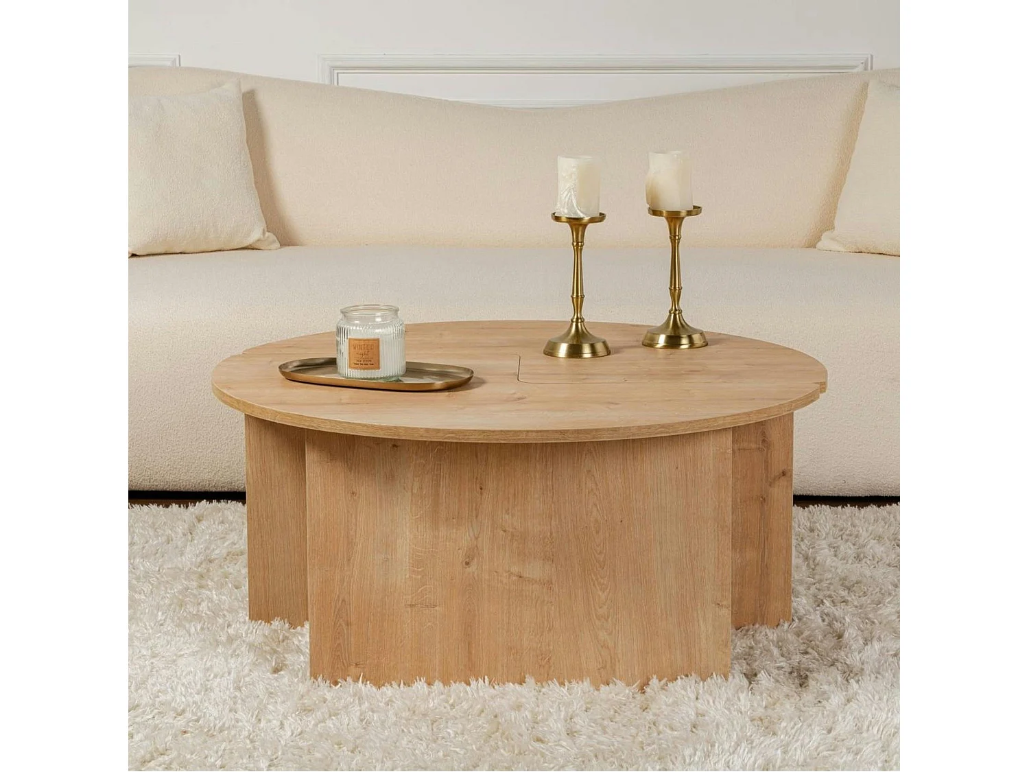 Table basse ronde effet bois de chêne - design puzzle MARFA