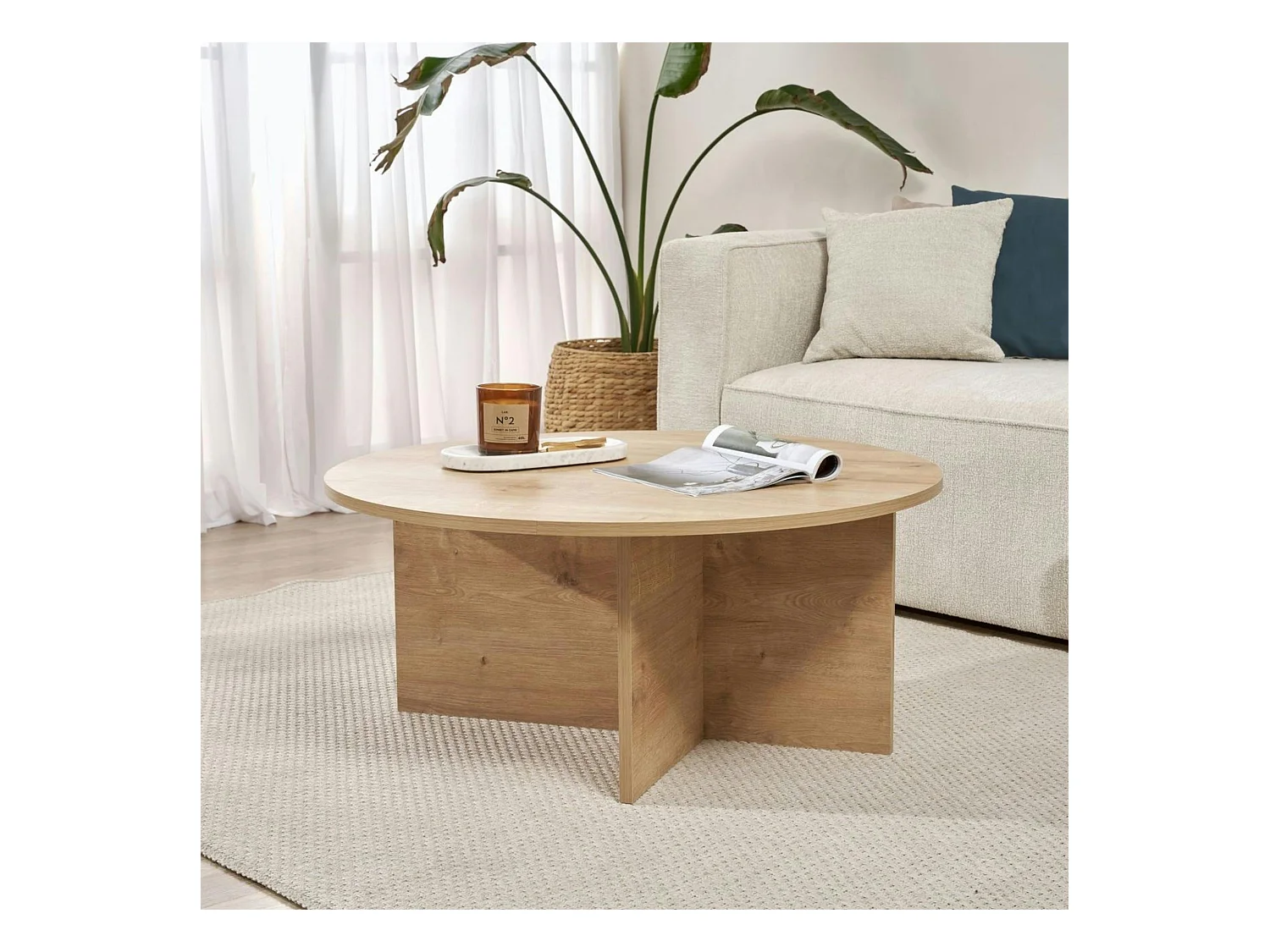 Table basse ronde minimaliste - effet bois de chêne MARFA