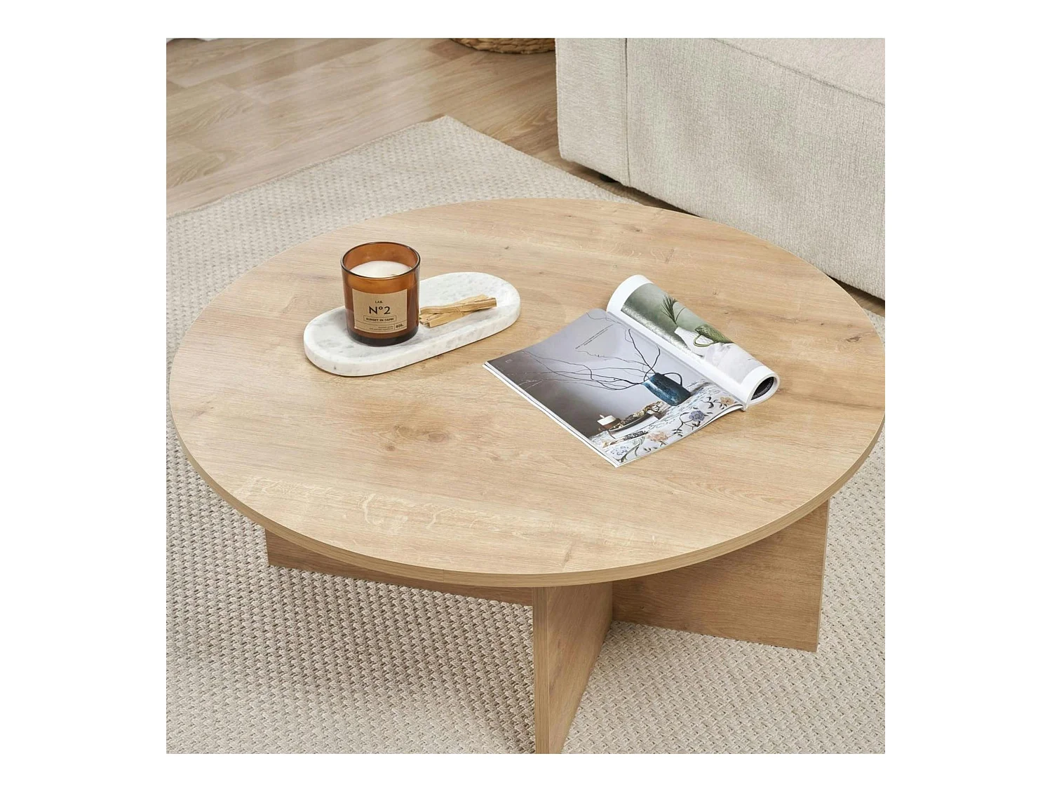 Table basse ronde minimaliste - effet bois de chêne MARFA