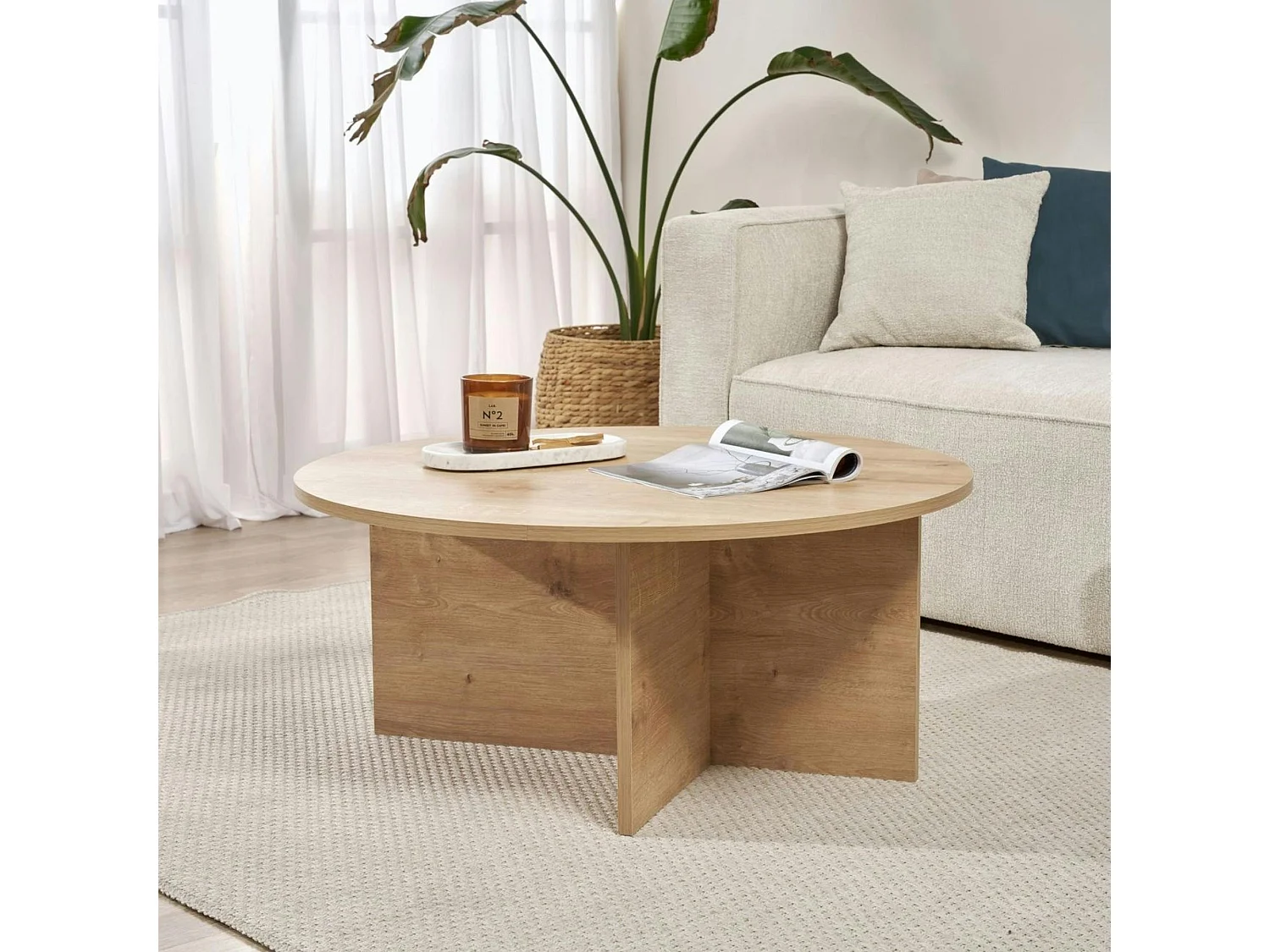 Table basse ronde minimaliste - effet bois de chêne MARFA