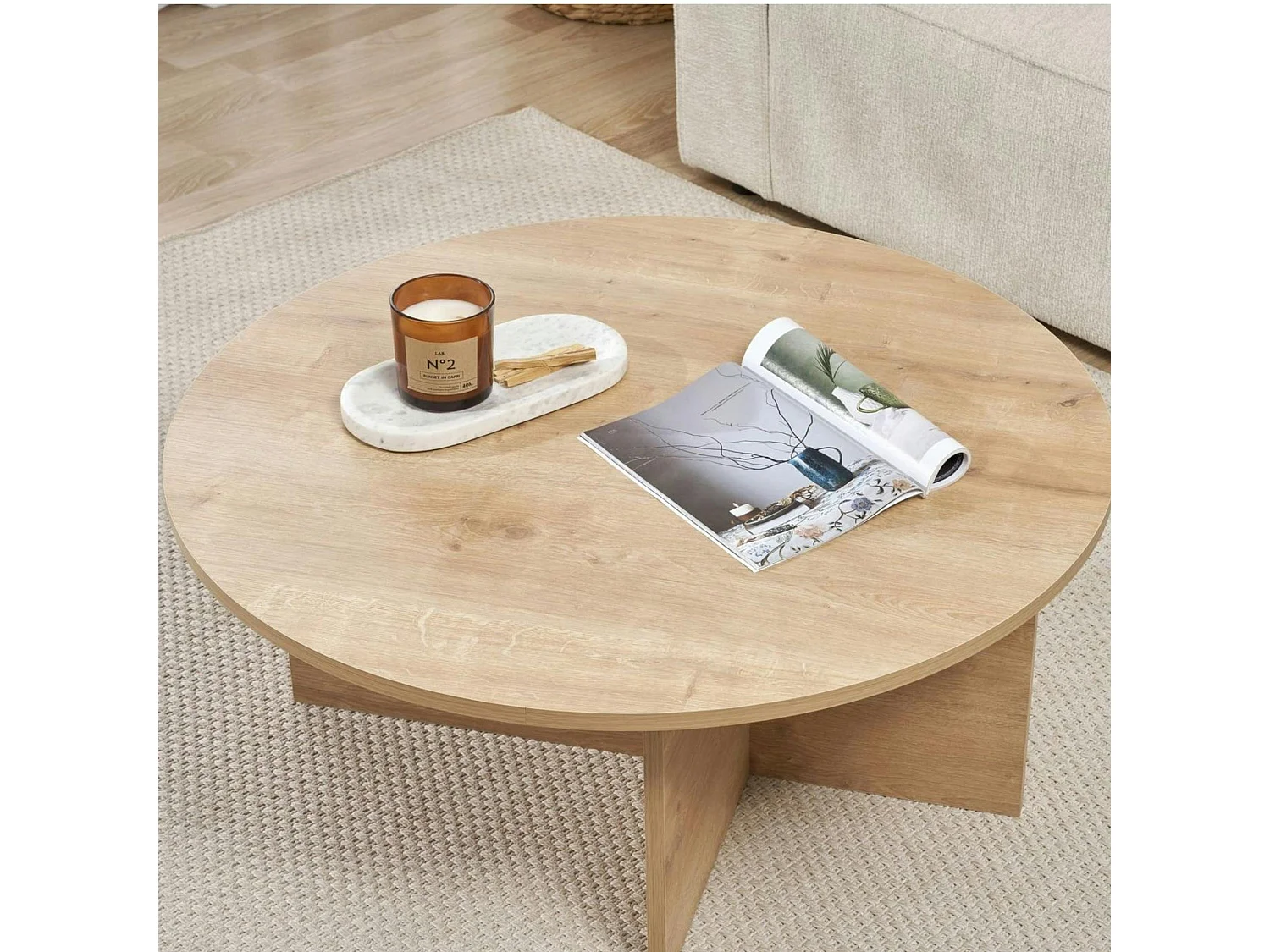 Table basse ronde minimaliste - effet bois de chêne MARFA