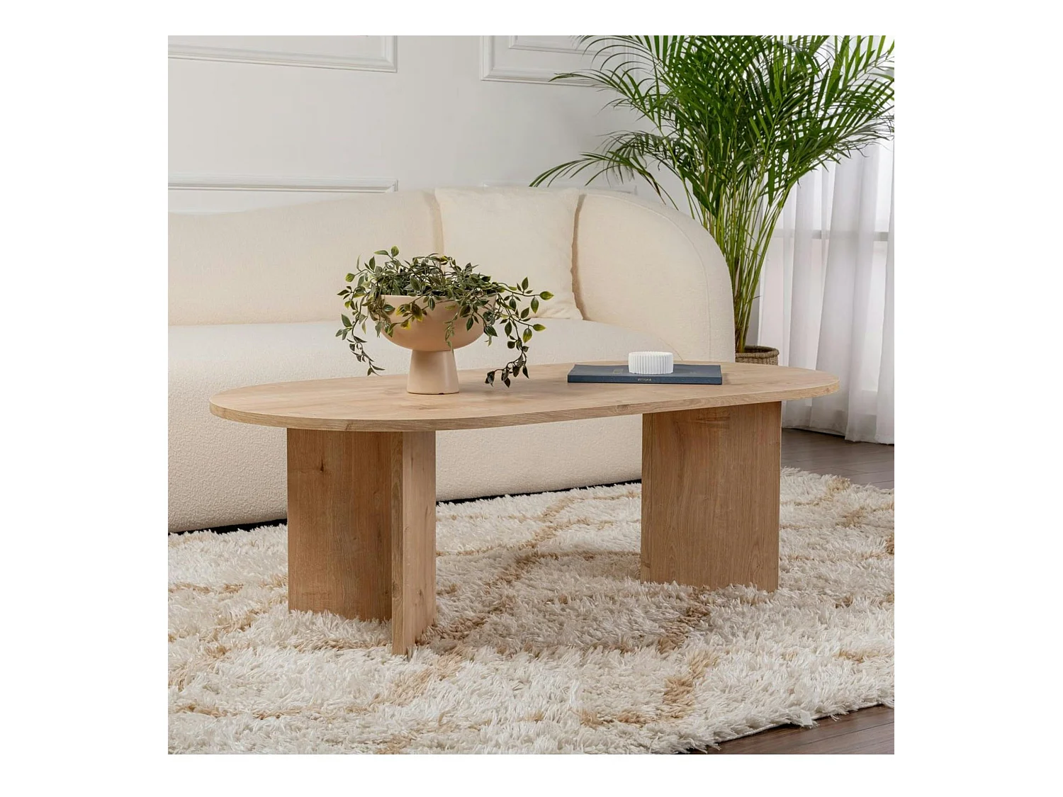 Table basse ovale effet chêne clair - pieds en V MARFA