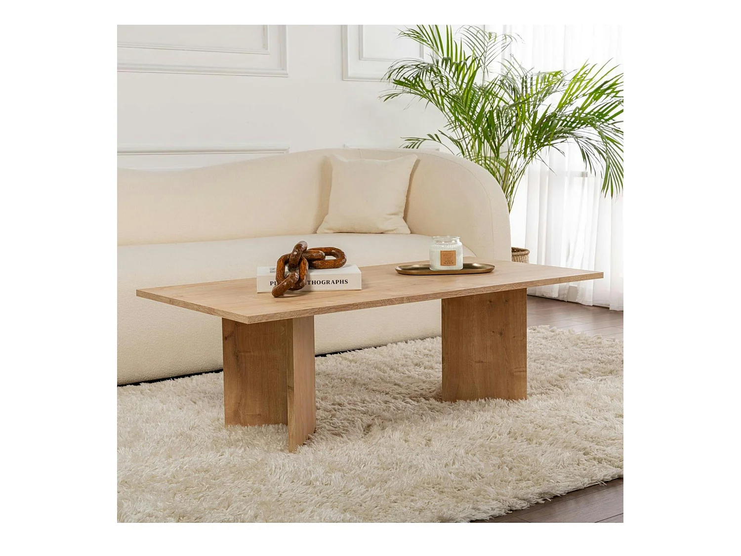 Table basse moderne effet chêne clair - pieds en V MARFA