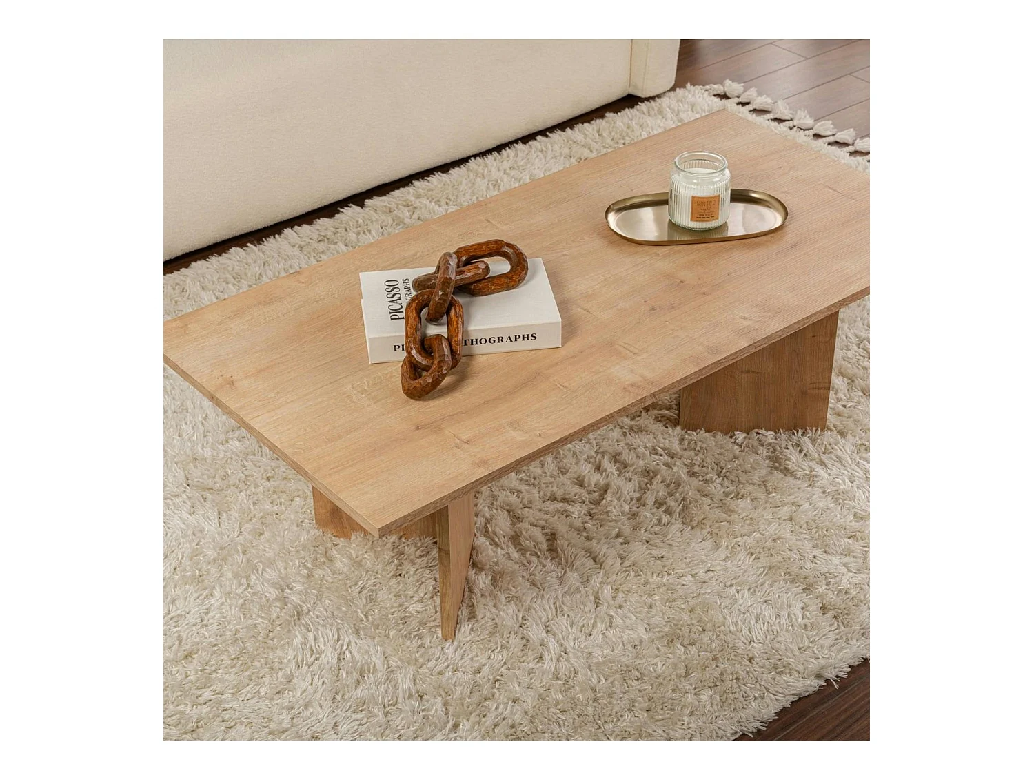 Table basse moderne effet chêne clair - pieds en V MARFA