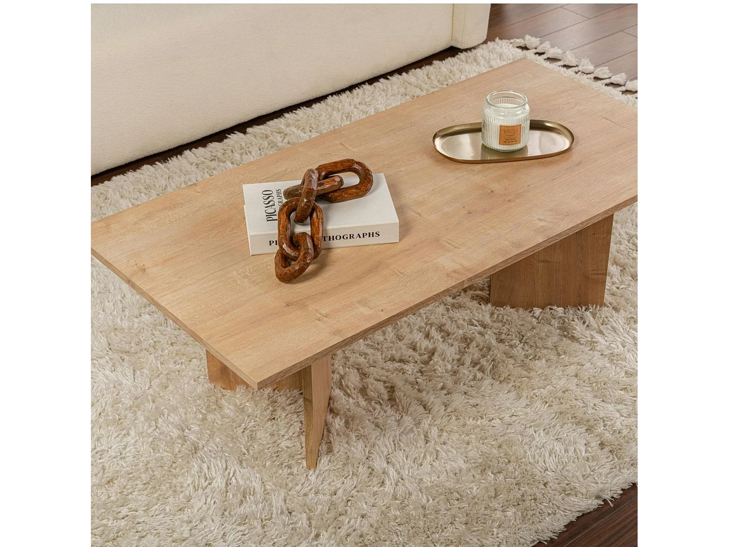 Table basse moderne effet chêne clair - pieds en V MARFA