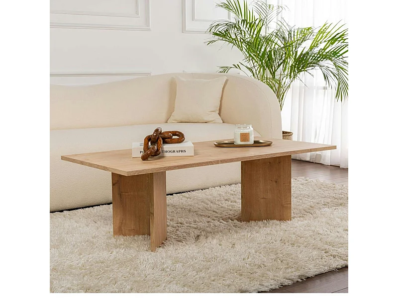 Table basse moderne effet chêne clair - pieds en V MARFA