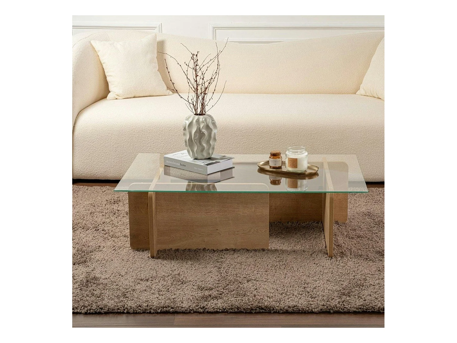 Table basse verre déstructurée – base effet chêne clair SALTA