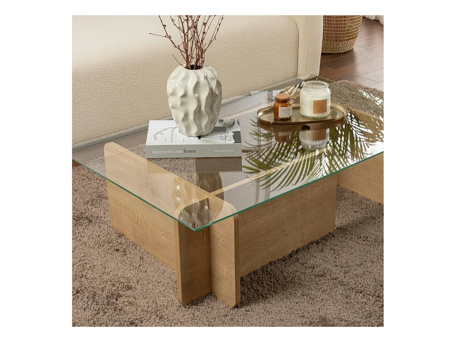 Table basse verre déstructurée – base effet chêne clair SALTA