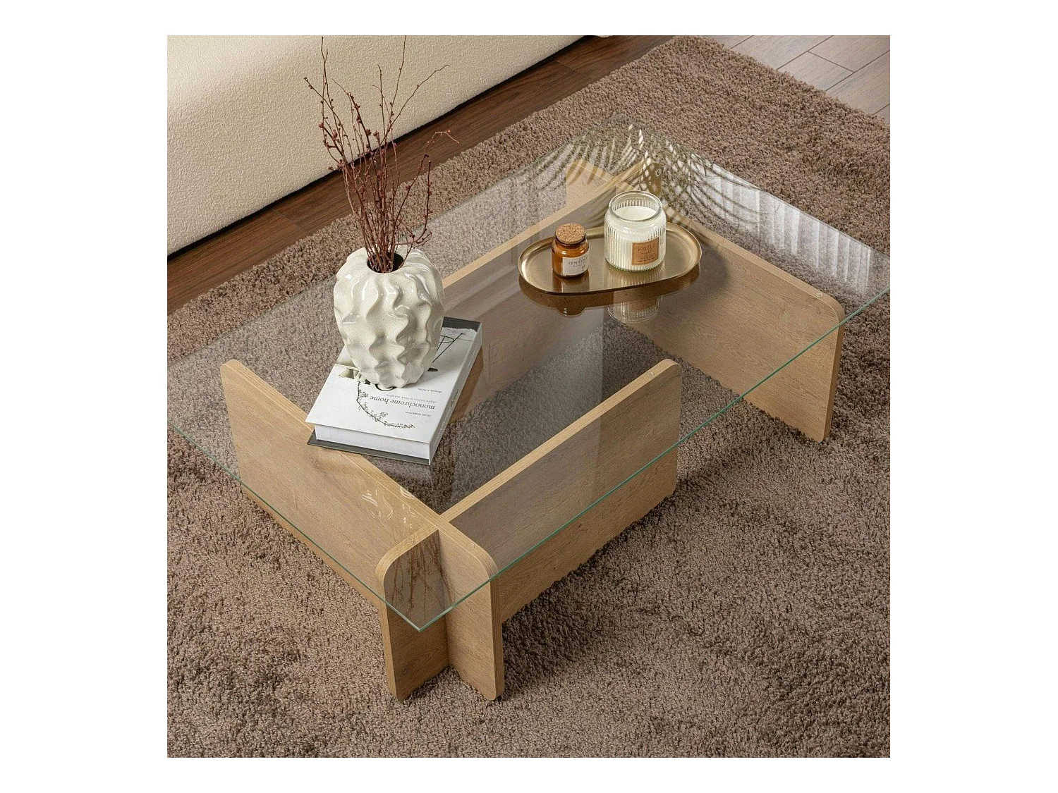 Table basse verre déstructurée – base effet chêne clair SALTA