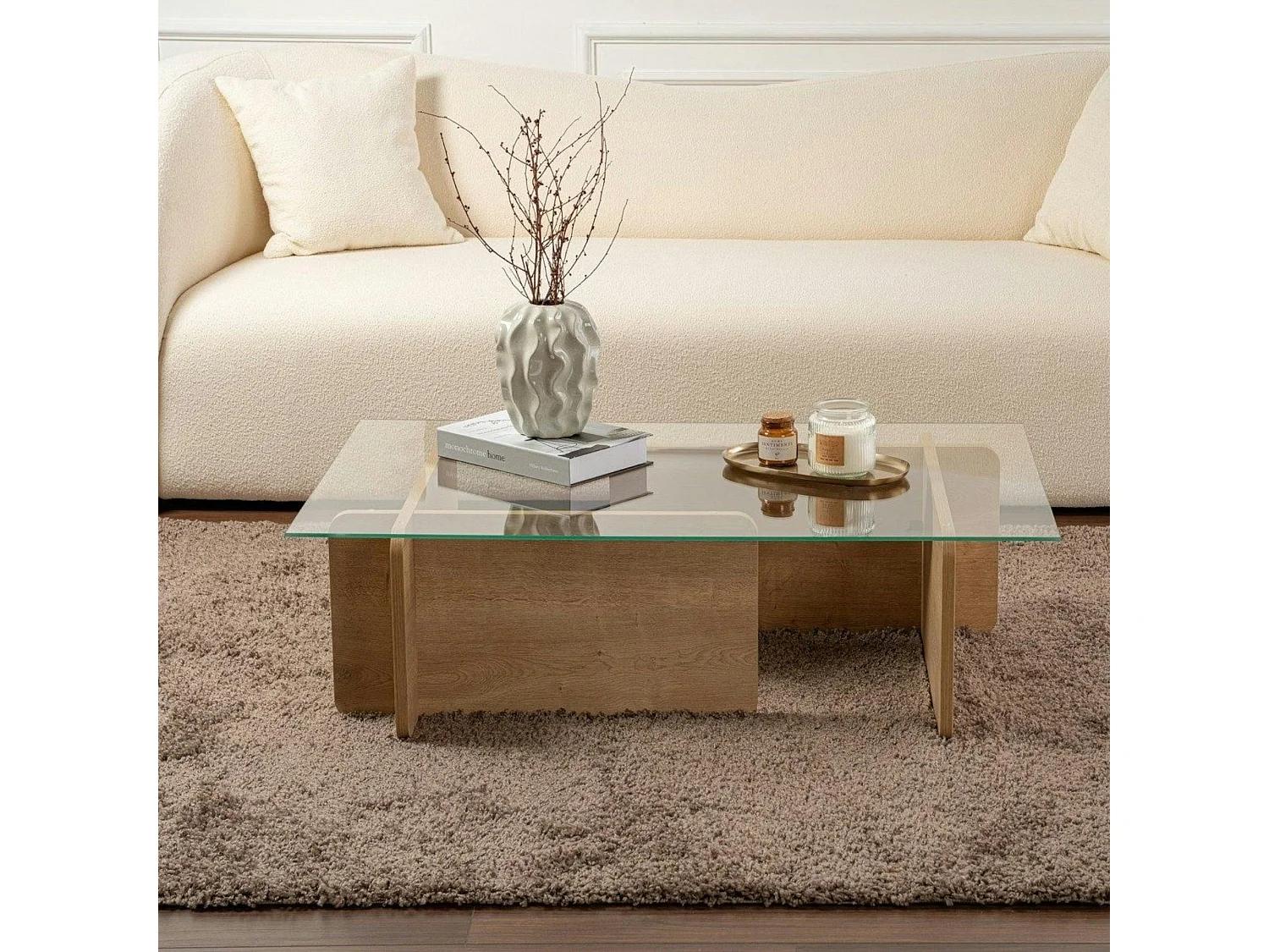 Table basse verre déstructurée – base effet chêne clair SALTA