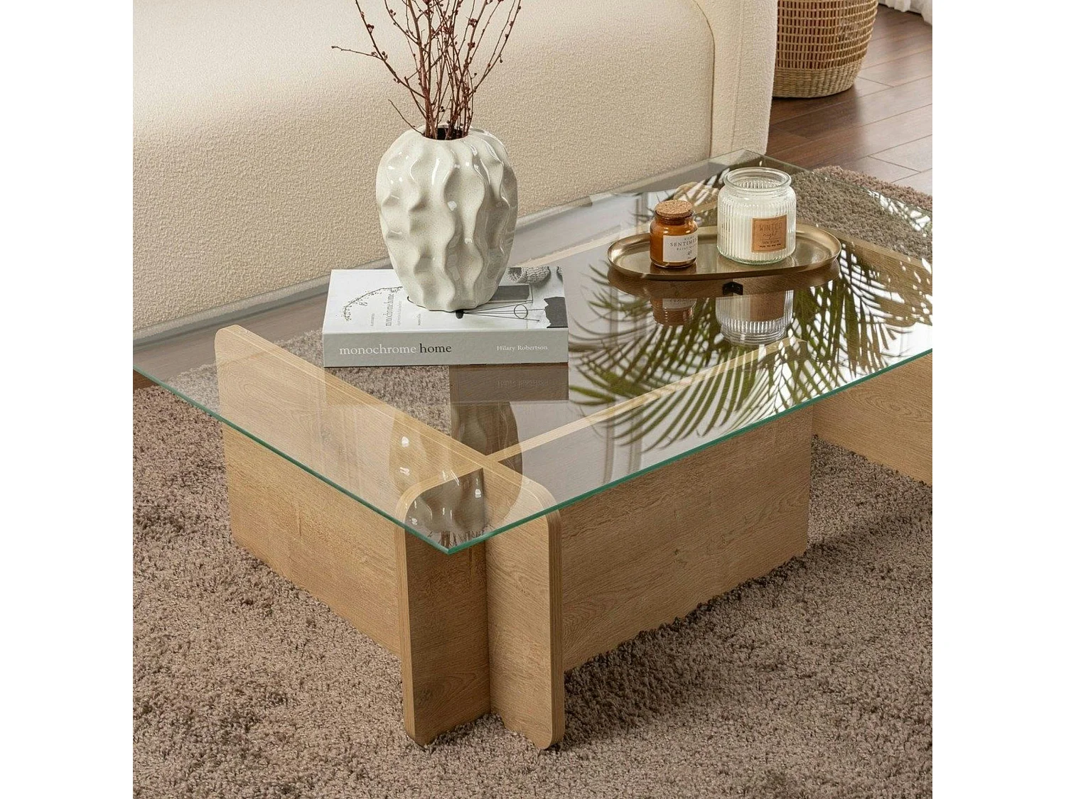 Table basse verre déstructurée – base effet chêne clair SALTA