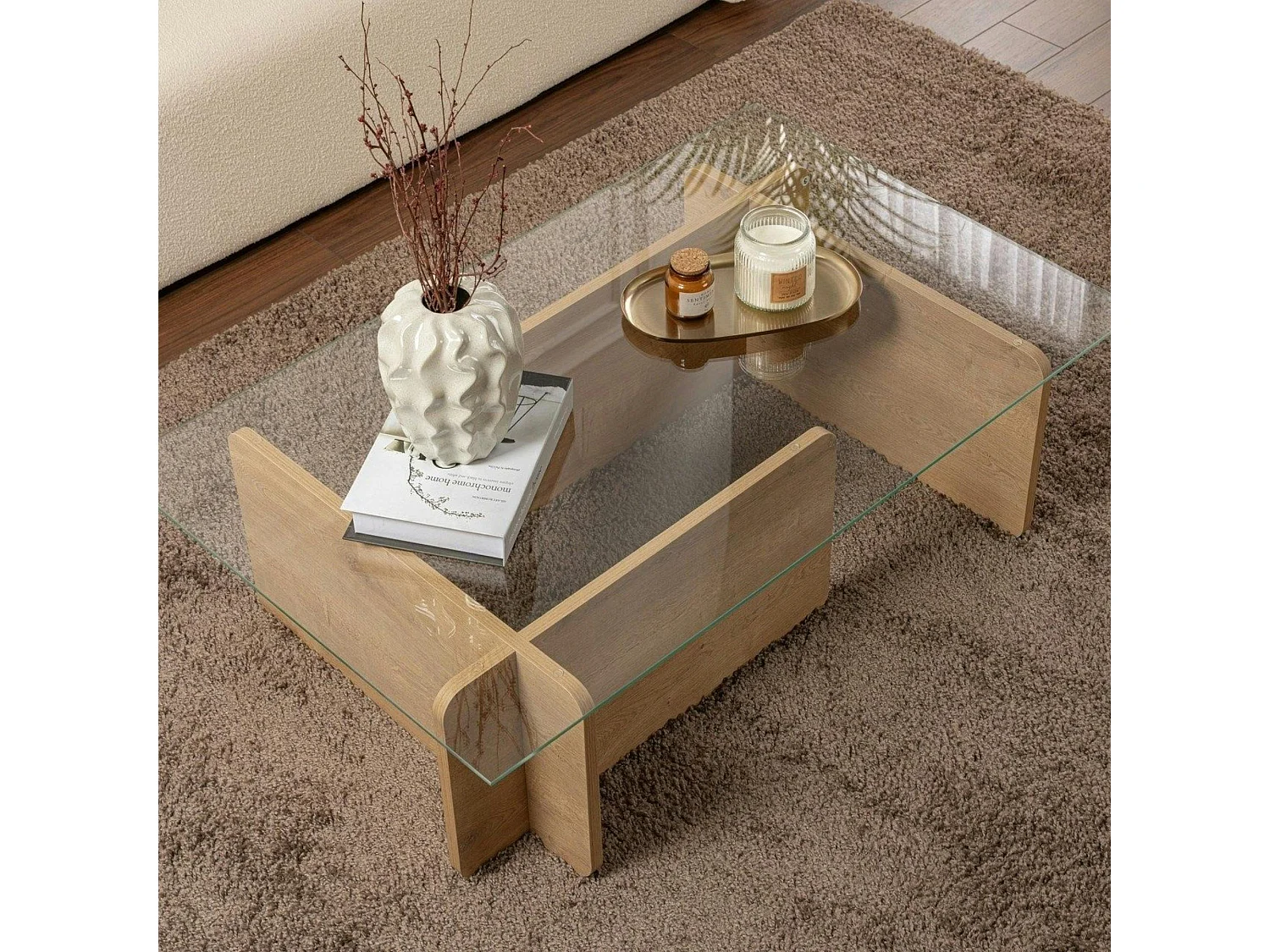 Table basse verre déstructurée – base effet chêne clair SALTA