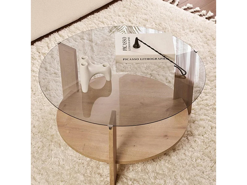 Table basse verre fumé double plateau - effet chêne SALTA