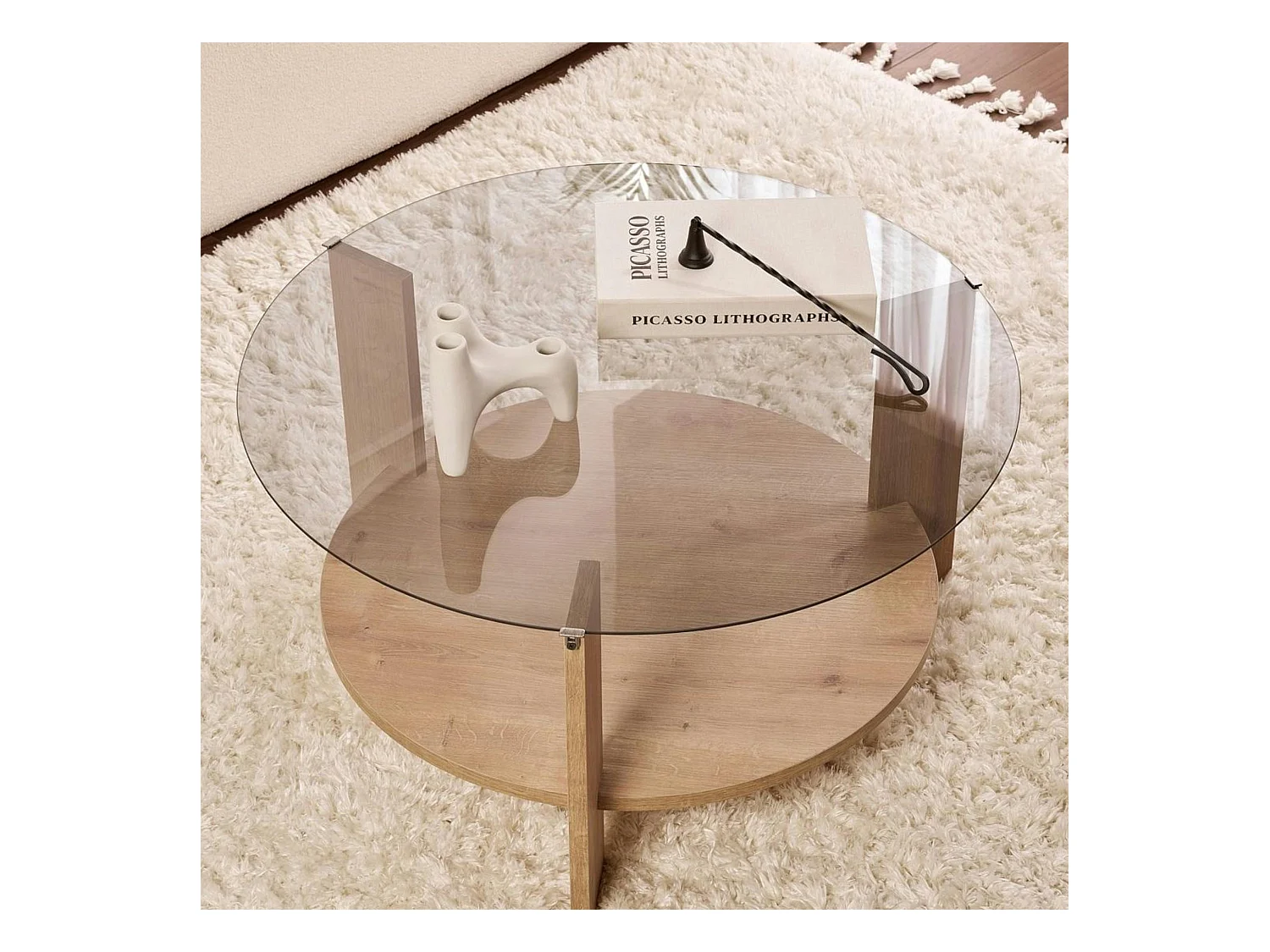 Table basse verre fumé double plateau - effet chêne SALTA