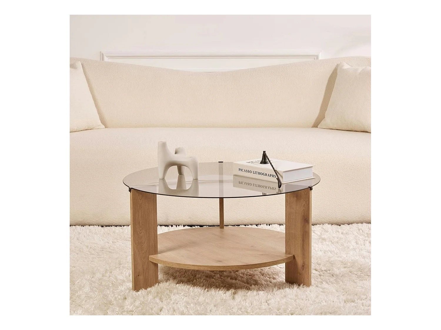 Table basse verre fumé double plateau - effet chêne SALTA