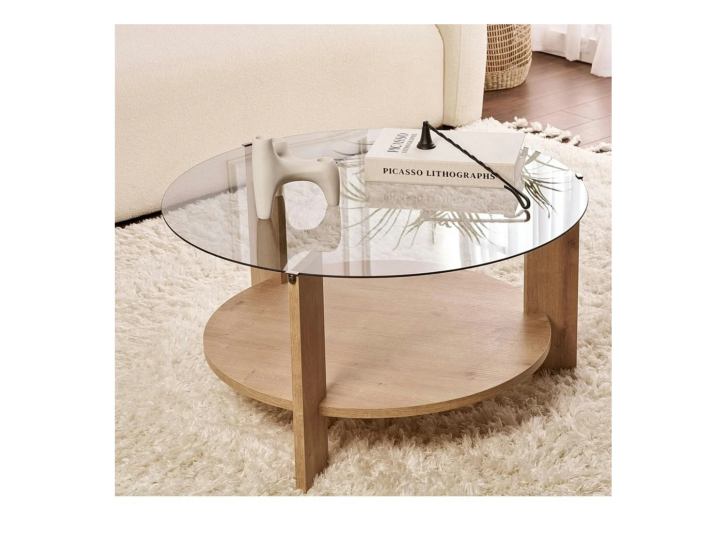 Table basse verre fumé double plateau - effet chêne SALTA