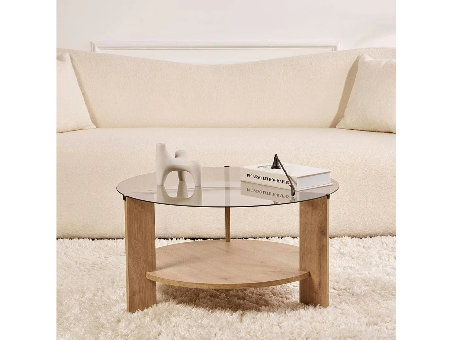 Table basse verre fumé double plateau - effet chêne SALTA