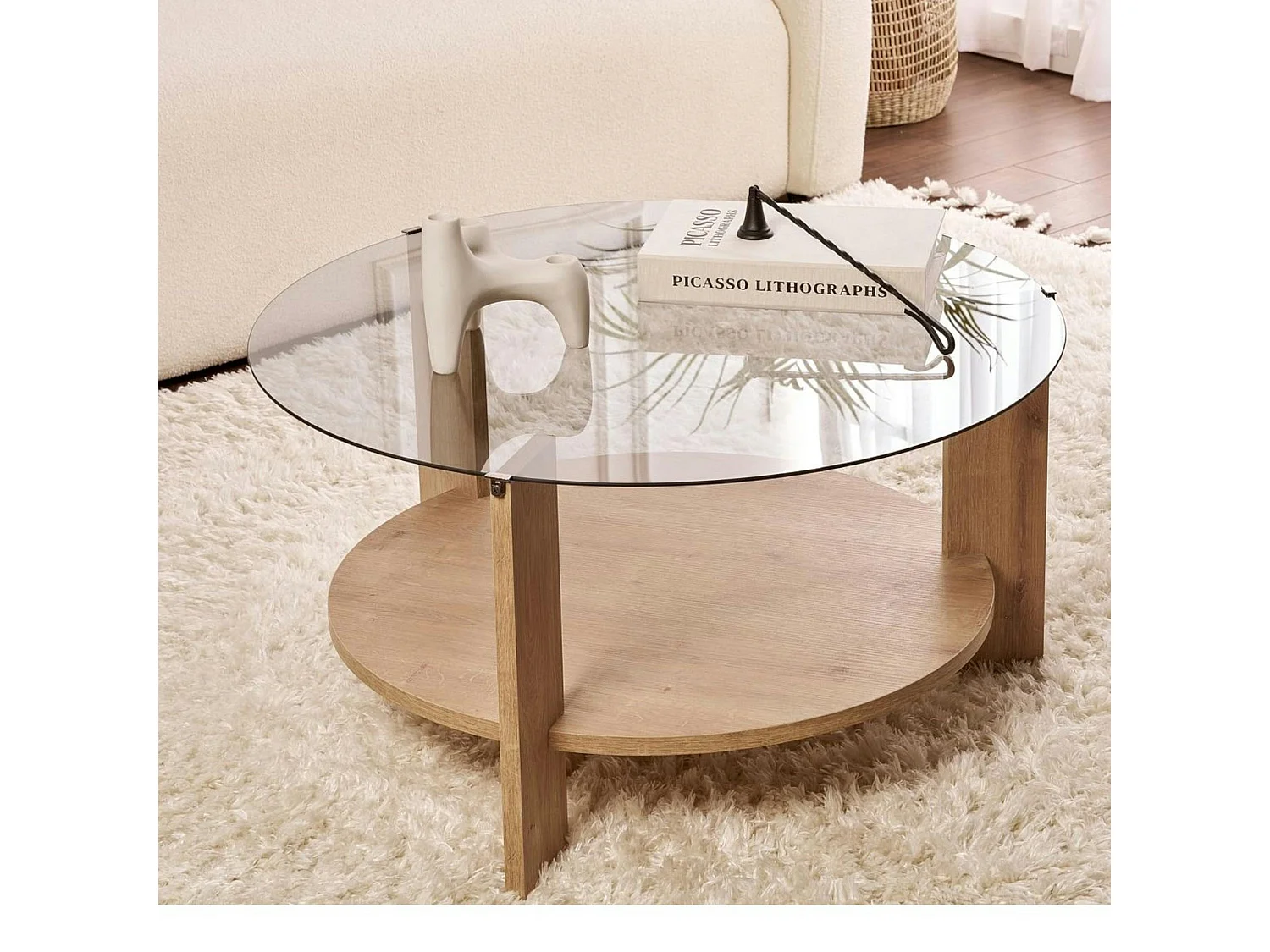 Table basse verre fumé double plateau - effet chêne SALTA