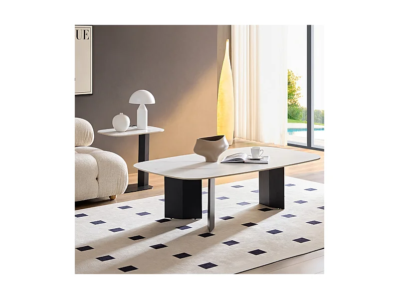 Table basse 150 cm céramique blanc marbré et pieds métal – OPALINE