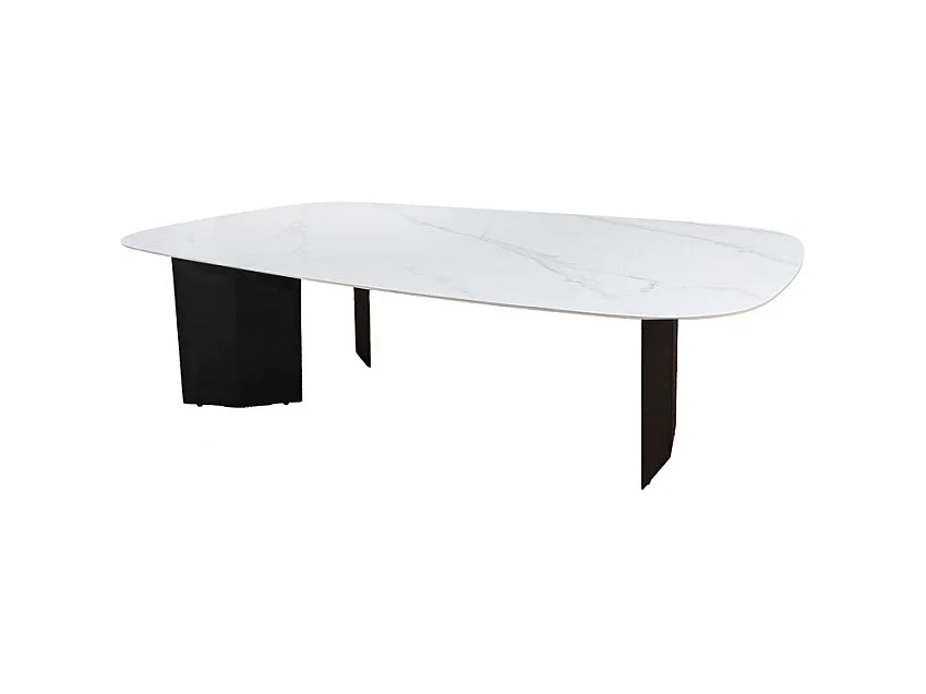 Table basse 150 cm céramique blanc marbré et pieds métal – OPALINE