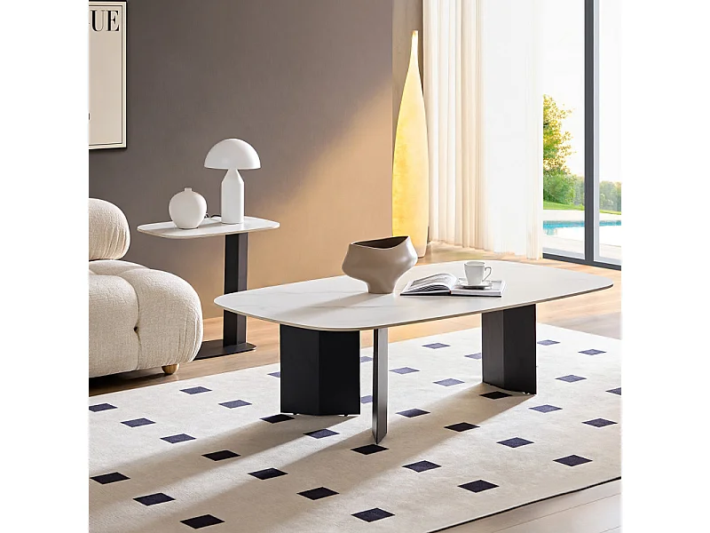 Table basse 150 cm céramique blanc marbré et pieds métal – OPALINE