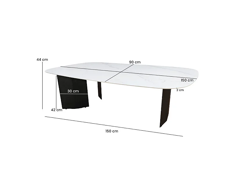 Table basse 150 cm céramique blanc marbré et pieds métal – OPALINE