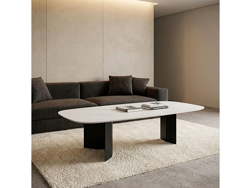 Table basse 150 cm céramique blanc marbré et pieds métal – OPALINE