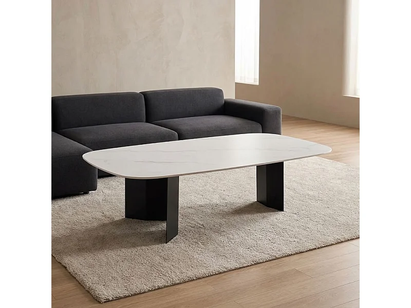 Table basse 150 cm céramique blanc marbré et pieds métal – OPALINE