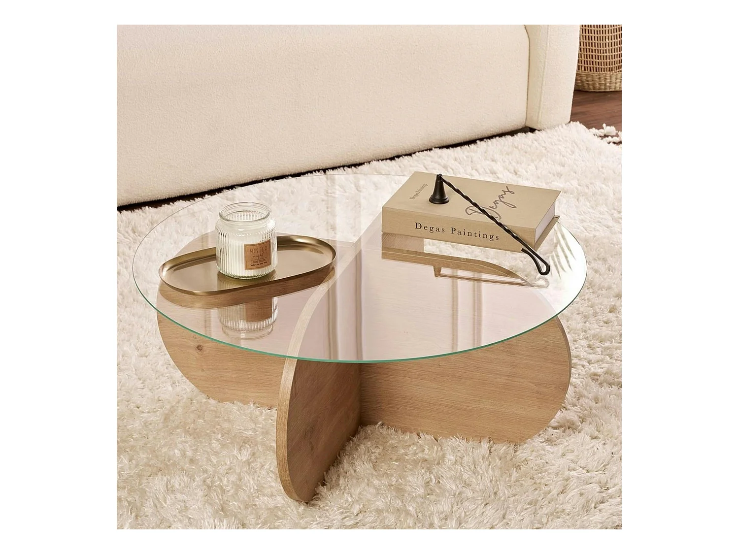 Table basse en verre - pied en croix effet chêne clair SALTA