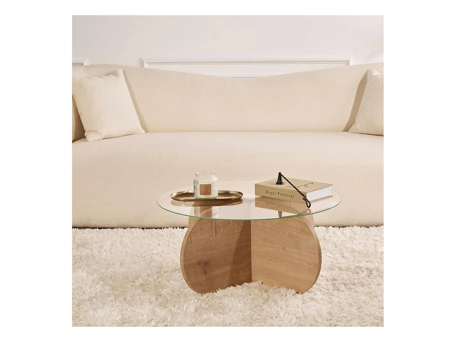 Table basse en verre - pied en croix effet chêne clair SALTA